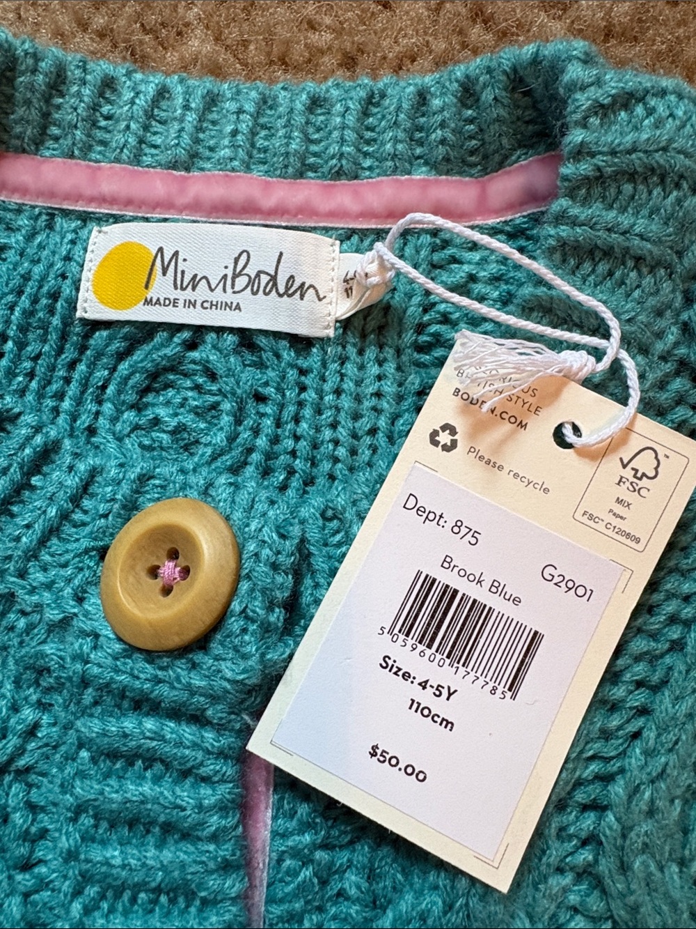 Mini Boden Brook Blue Cable Knit Cardigan with Buttons - Picture 2 of 3